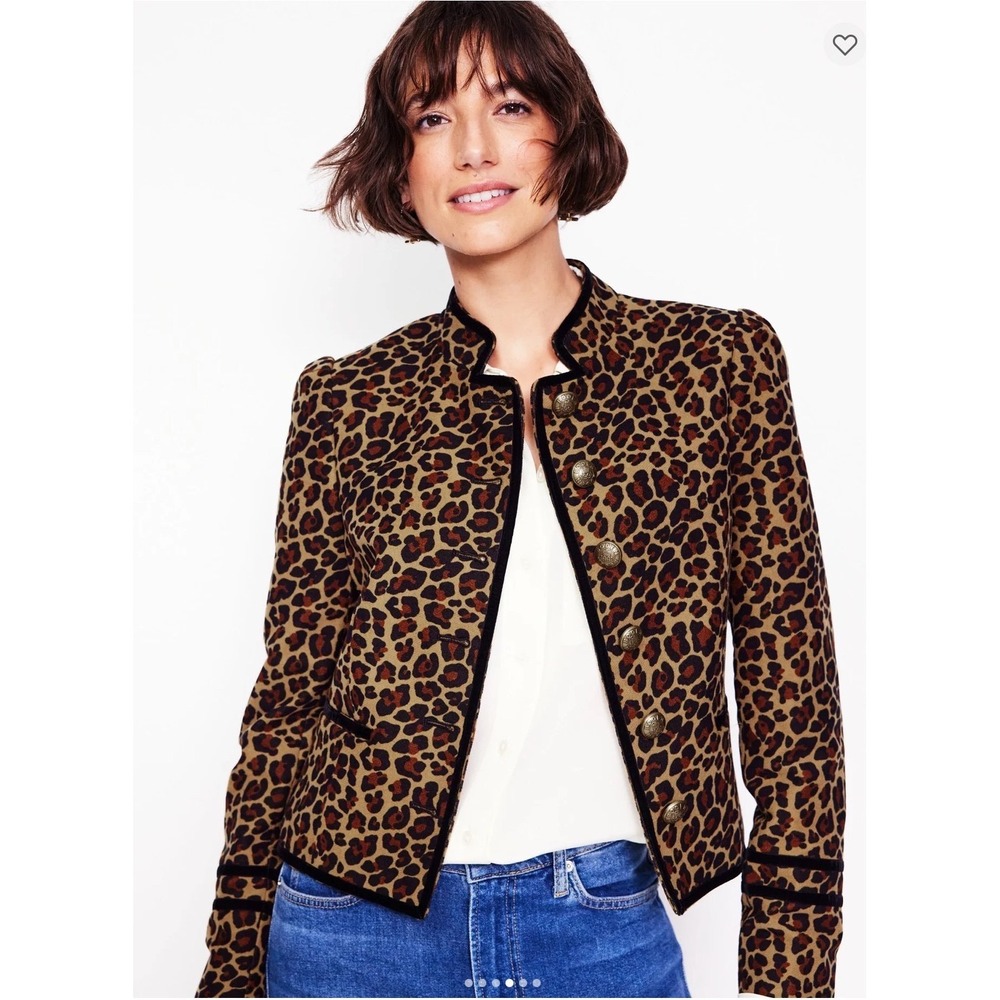 Boden Cambridge Military Jacket Leopard Print Velvet Trim Crest Button US 4 NWT